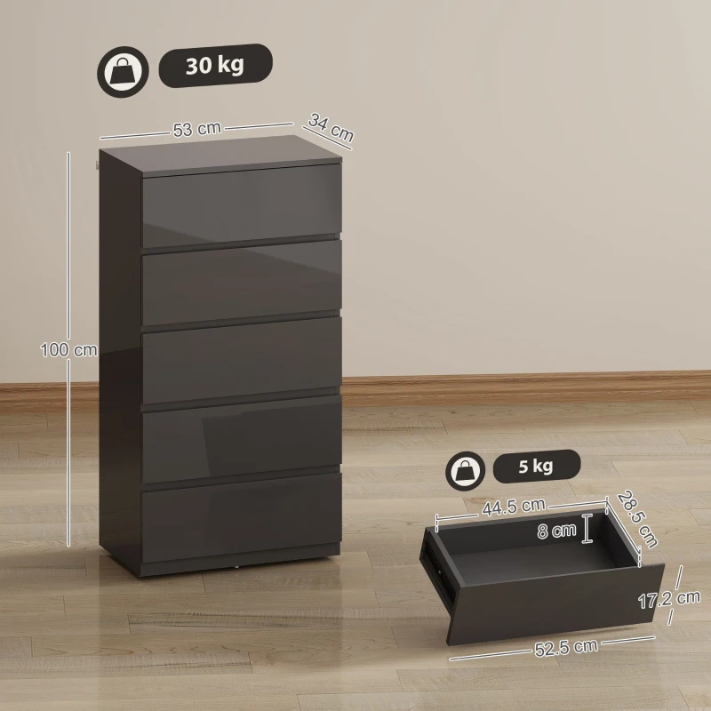 HOMCOM Chest of Drawers, 5-Drawer Storage Cabinets, Modern Dresser, Storage Drawer Unit for Bedroom