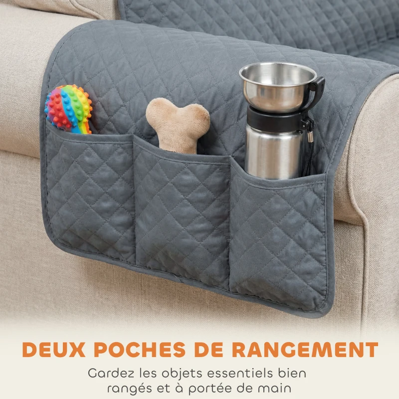 PawHut Housse de Canapé Protecteur de Meubles 3 Places Imperméable Anti-glisse avec Poches de Rangement Gris