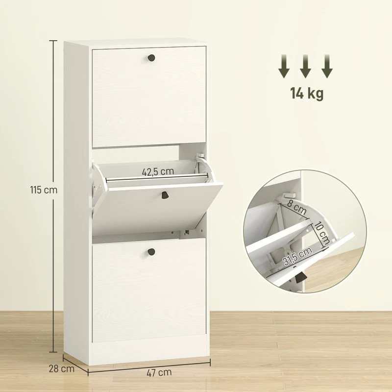 HOMCOM Sapateira Estreita com 3 Portas Sapateira para Entrada com Prateleiras Ajustáveis para 12 Pares de Sapatos 47x28x115 cm Branco