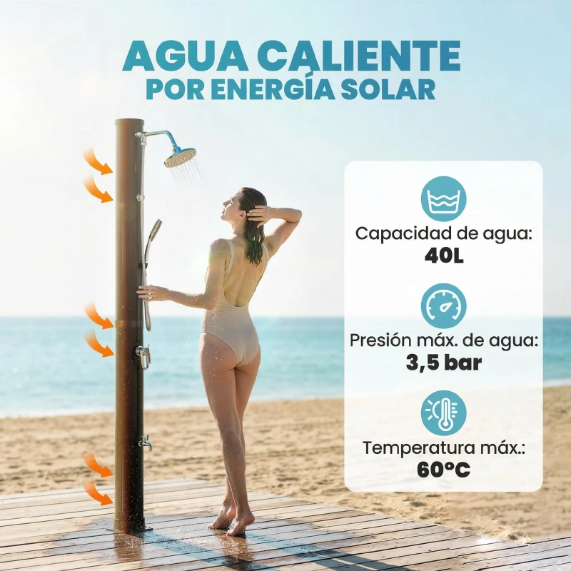 Outsunny Ducha Solar Jardín 40L con Cabezal Ducha de Mano Grifo para Pies y Temperatura Ajustable Máx. 60 °C para Piscina Negro