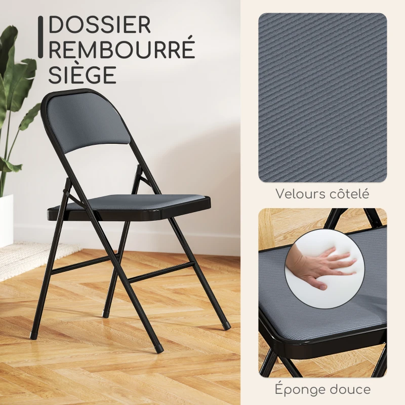 HOMCOM Lot de 4 chaises pliantes chaises de salle à manger portables cadre en acier 45 x 46 x 78 cm gris