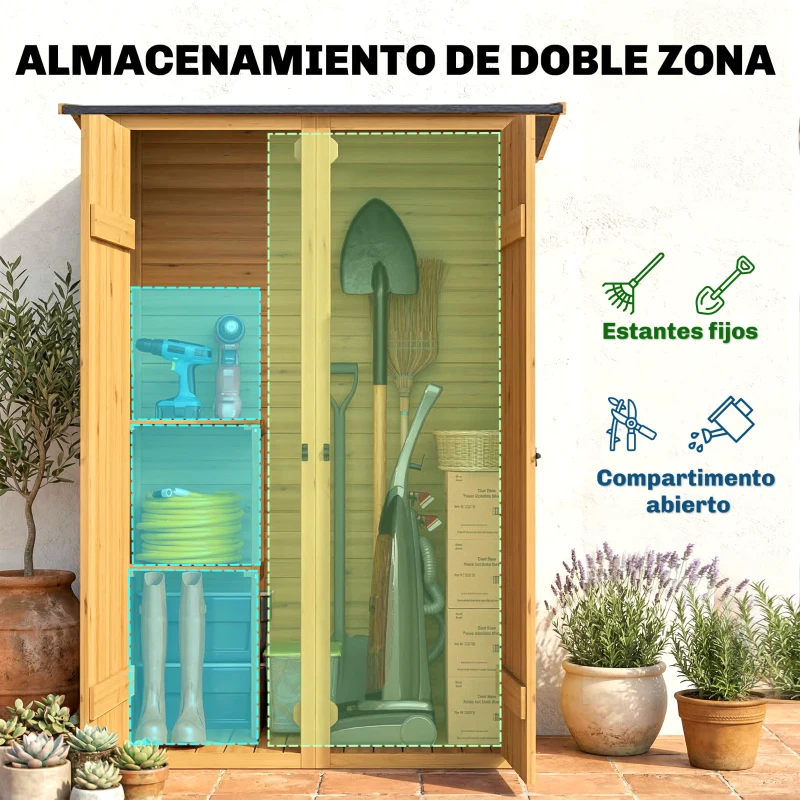 Outsunny Caseta de Jardín de Madera 115x53x156 cm Armario para Herramientas con Puertas Dobles y Estantes Techo Inclinado Marrón