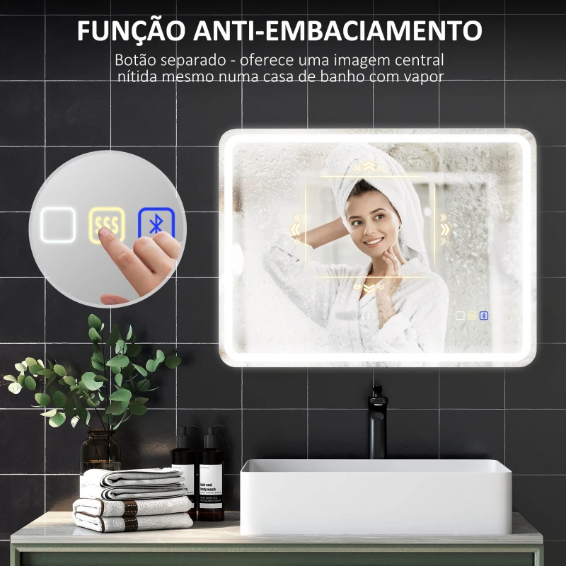 HOMCOM Espelho de Casa de Banho com Luz LED 80x60 cm Bluetooth 3 Cores de Luz Relógio Digital Função Antiembaciamento Memória Prata