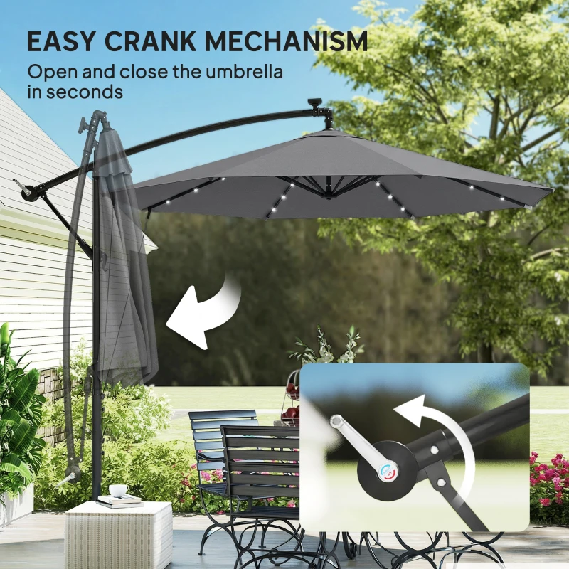 Outsunny Freiarmschirm 3 m mit Solar-LEDs, für Garten, Grau