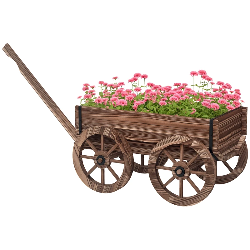 Outsunny Chariot à fleurs en bois avec roues et poignée, bac à fleurs, brouette avec trous de drainage, 120 x 41 x 54 cm, marron