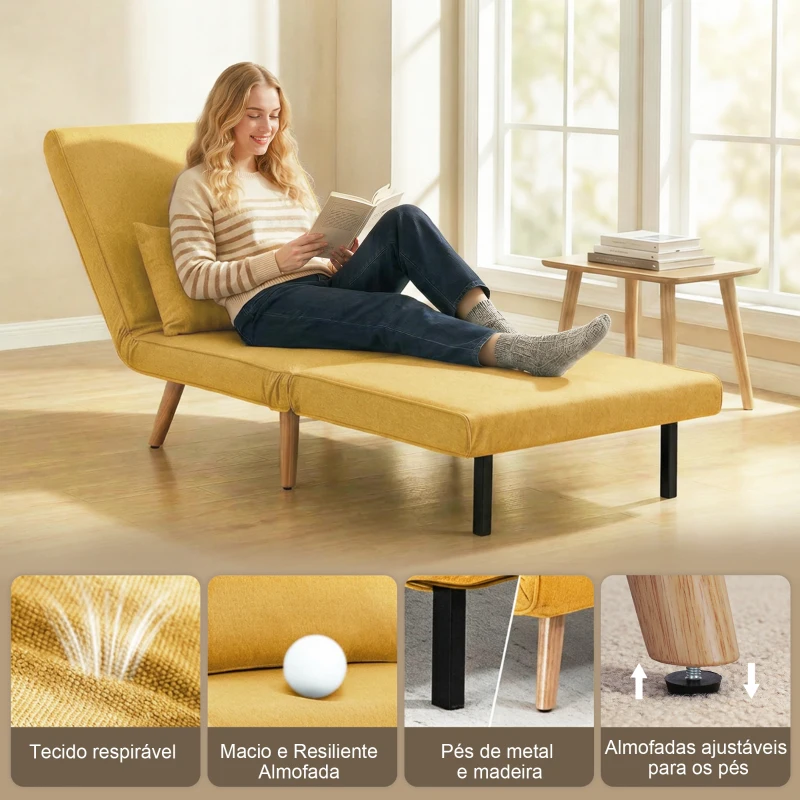 HOMCOM Sofá-Cama Individual Dobrável com Encosto Ajustável em 5 Posições, Sofá-Cama Estofado com Almofada 72x75x85 cm Amarelo
