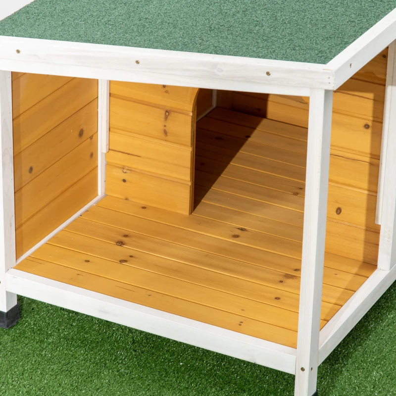 PawHut Cușcă pentru câini de exterior din lemn de brad cu verandă acoperită și acoperiș înclinat, 85.5x62x60 cm, multicolor