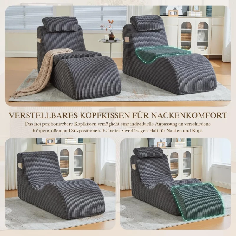 Moderner Freizeit-Sessel mit ergonomischer Rückenlehne, abnehmbarem Sitzkissen und Seitentasche, 160 x 66 x 90 cm, Dunkelgrau