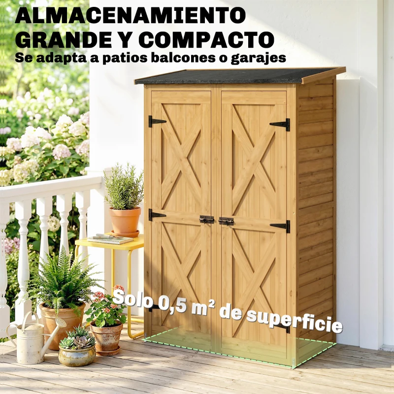 Outsunny Caseta de Jardín de Madera 115x53x156 cm Armario para Herramientas con Puertas Dobles y Estantes Techo Inclinado Marrón