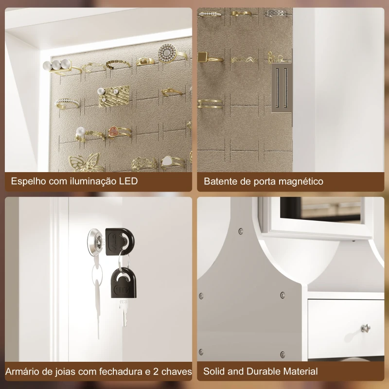 HOMCOM Espelho de Joias com Luzes LED Armário para Joias com Espelho de Ângulo Ajustável Gavetas Mesa Interior Dobrável Branco
