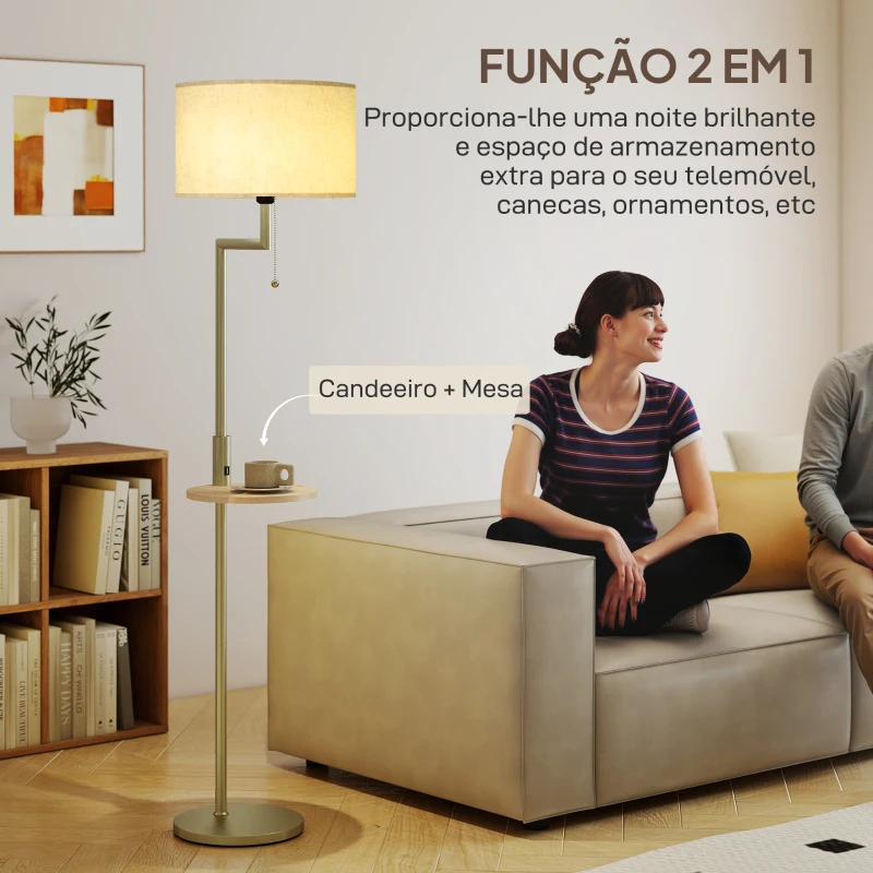 HOMCOM Candeeiro de Pé com Mesa Auxiliar Lâmpada E27 Máx. 40W Ecrã de Linho Interruptor de Corrente e Carregador USB Ø40x170 cm Dourado