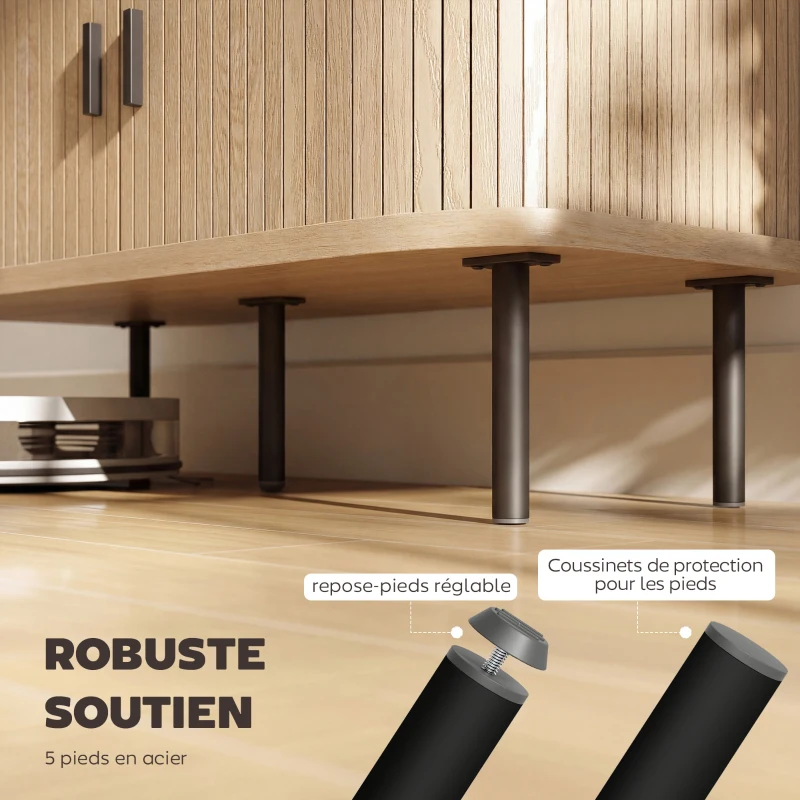 HOMCOM Buffet salon, meuble de rangement avec 2 portes coulissantes en tambour à lattes et 4 compartiments, chêne