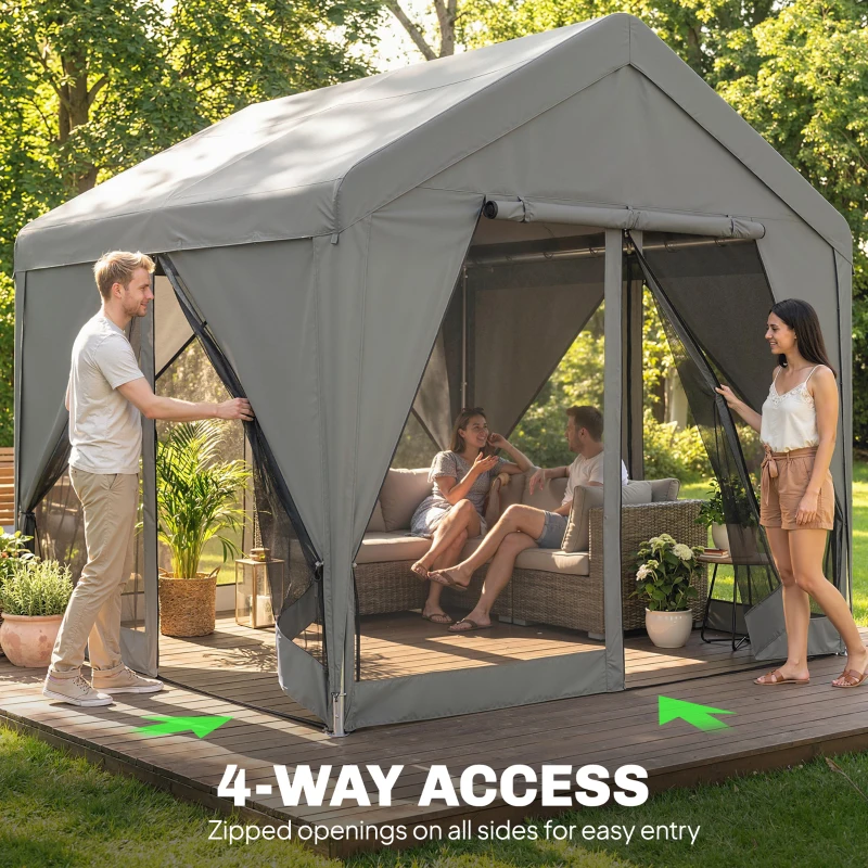 Outsunny 3 x 3 m Patio Gazebo with Netting & Curtains, Outdoor Canopy Shelter with Galvanised Steel Frame, Dark Grey