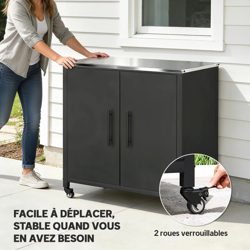 Outsunny Armoire de jardin en Métal, Armoire de Rangement Extérieur, Toit en Acier Inoxydable et Roulettes, Noir