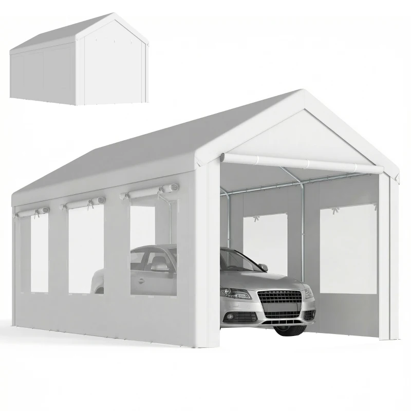 Outsunny Garaje Exterior para Coche 3x6 m Impermeable de PE Resistente Marco de Acero Galvanizado Altura Ajustable Blanco