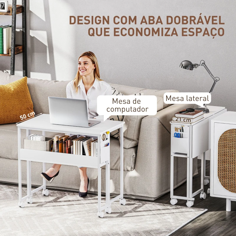HOMCOM Secretária Dobrável com Rodas Prateleira e Bolso de Arrumação Ideal para Espaços Pequenos 80x50x75 cm Branco