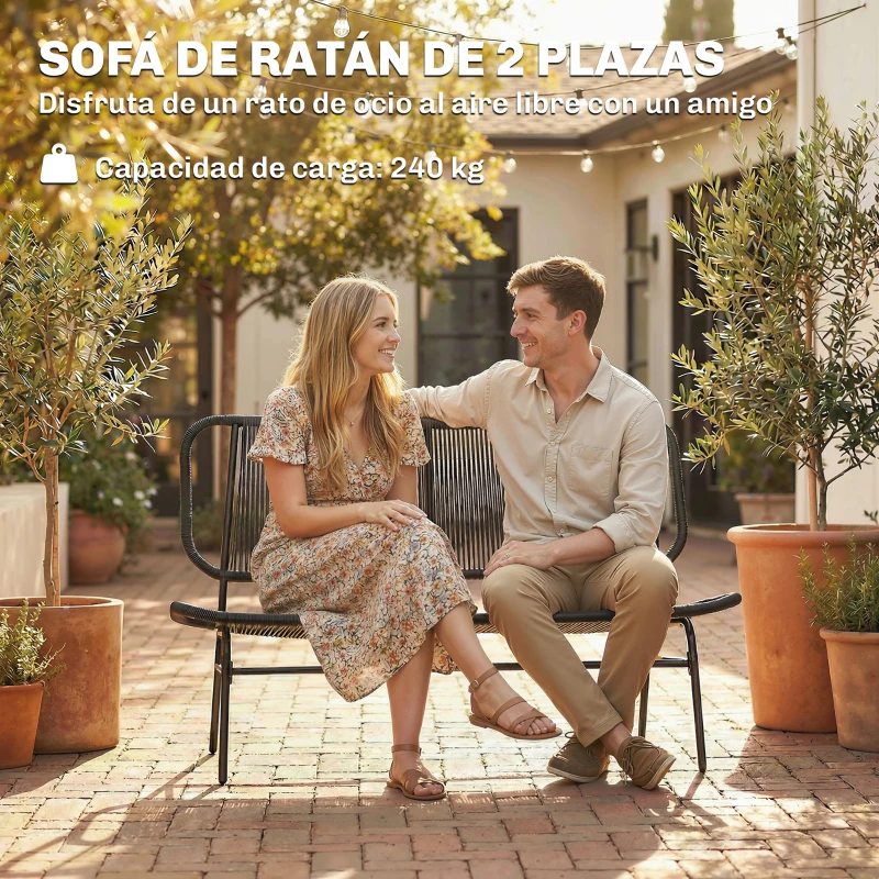 Outsunny Sofá Exterior de Ratán de 2 Plazas con Asiento y Respaldo Tejidos de Ratán Estructura de Acero Carga 240 kg Negro