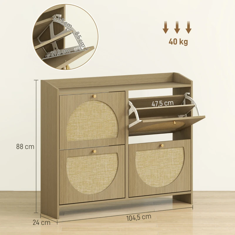 HOMCOM Sapateira Estreita com 4 Portas de Vime Sapateira para Entrada com Prateleiras Ajustáveis para 16 Pares de Sapatos 104,5x24x88 cm Madeira