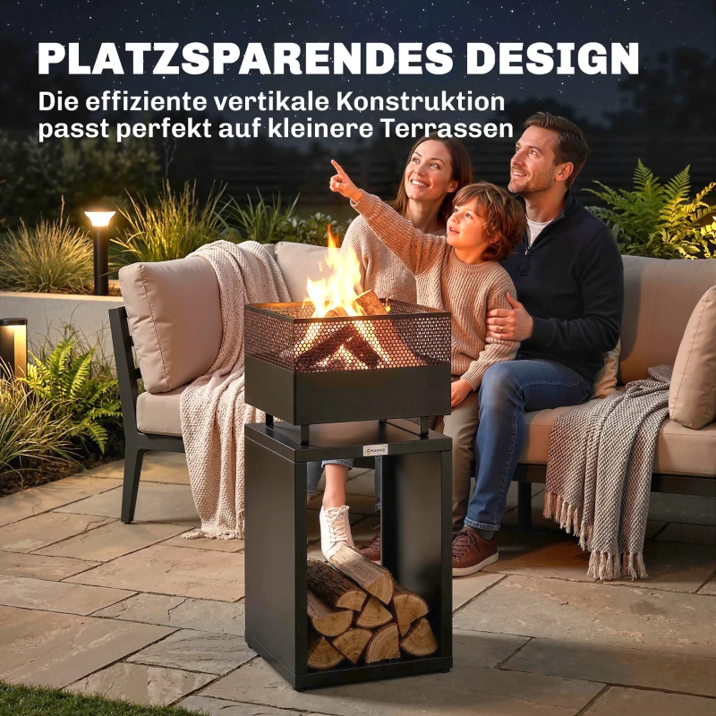Outsunny Feuerschale 39 x 39 x 87 cm Feuerstelle mit Holzlager Kohlegitter verstellbaren Füßen, Schwarz