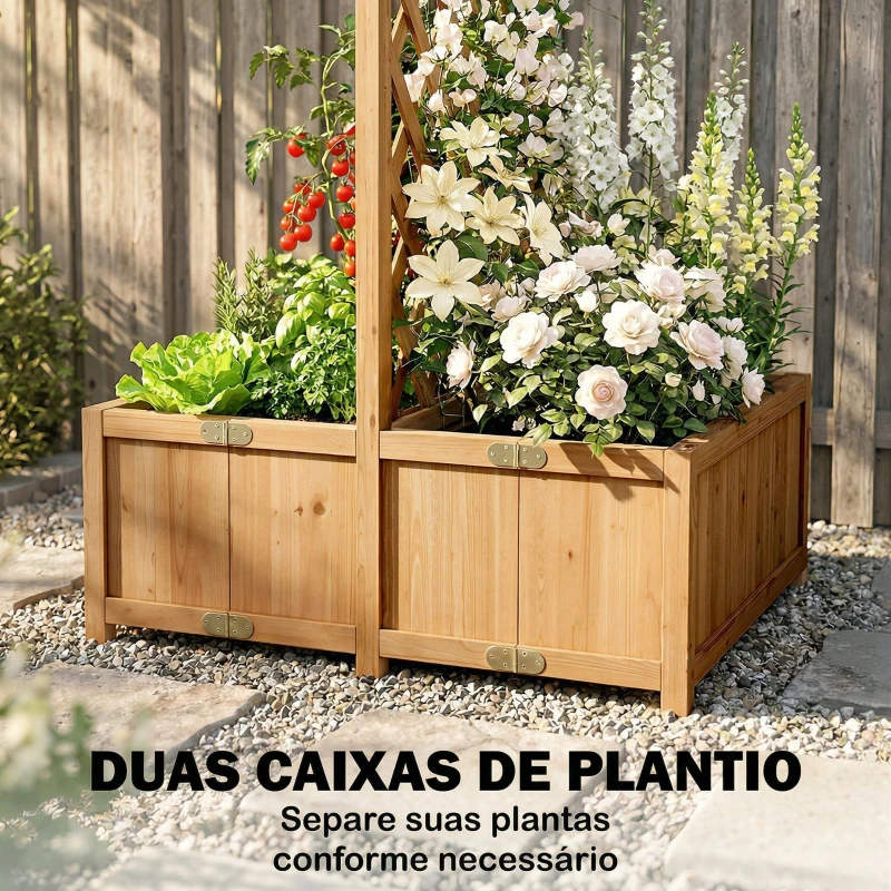 Outsunny Floreira com Treliça de Madeira com 2 Caixas Dobráveis Base de Ripas Vaso Elevado 73x70x170 cm Madeira