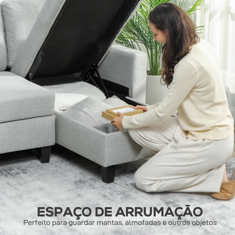 HOMCOM Sofá-Cama Chaise Longue de 3 Lugares Chaise Longue Reversível Ambos Lados com Armazenamento com Capas Removíveis 197x129x85 cm Cinza