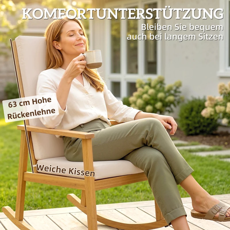 Outsunny Schaukelstuhl aus Akazienholz Schaukelsessel mit hoher Rückenlehne Kissen bis 160 kg 60 x 89 x 107 cm Beige