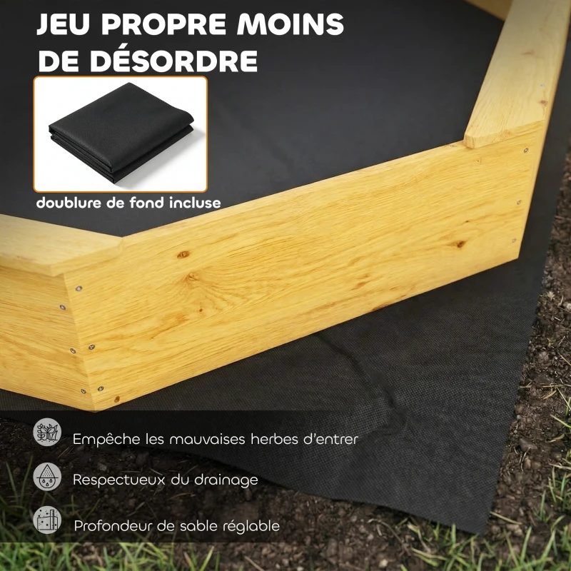 AIYAPLAY Bac à sable en bois avec auvent, bac à sable enfant extérieur avec 4 bancs, doublure de fond, jaune