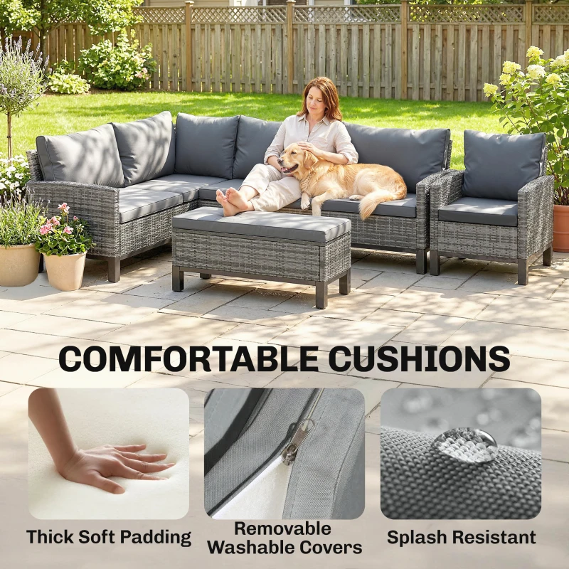 Outsunny 9 Seater Rattan Garden Furniture Corner Sofa Set, Outdoor Dining Set with Faux Wood Table, Ottoman, Cushions, Dark Grey