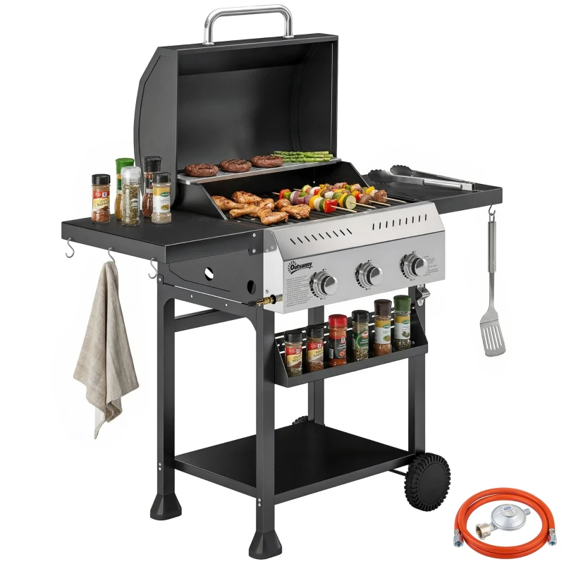 Outsunny Barbacoa de Gas con 3 Quemadores Termómetro Parrilla Mesas Laterales Plegables Estante y Ruedas 123x57x102 cm Negro