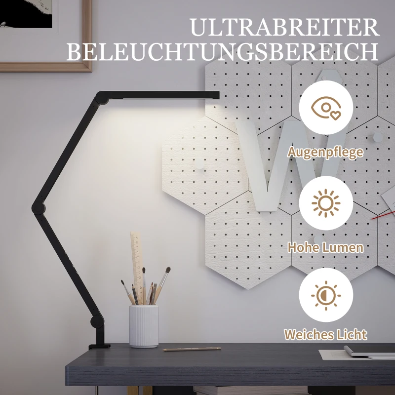 HOMCOM Schreibtischlampe, anpassbare Helligkeit und Farbe, Metallklemme, 96 LEDs, Schwarz