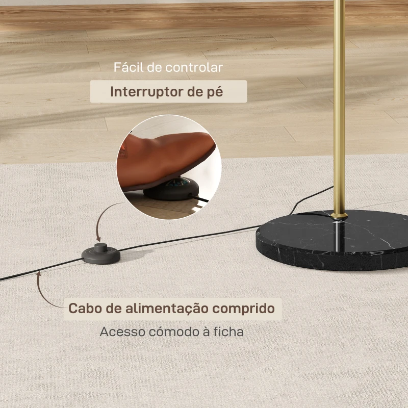 HOMCOM Candeeiro de Pé em Forma de Arco com Altura e Comprimento Ajustáveis com Interruptor de Pé 110-115x30x170-180 cm Dourado e Preto