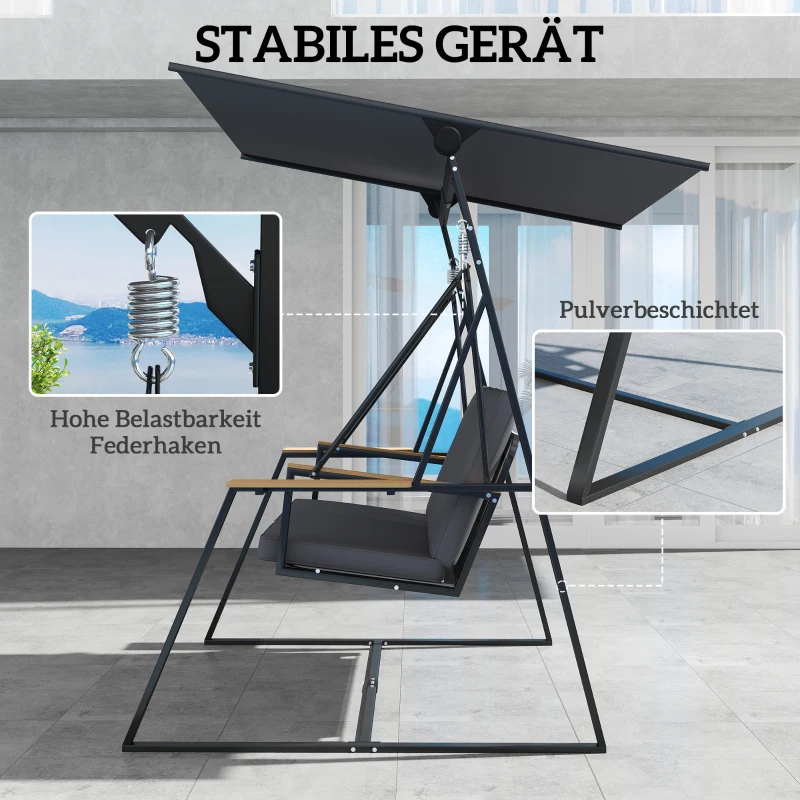 Outsunny 3-Sitzer Gartenschaukel mit verstellbarem Dach, Kissen und Getränkeablagen, 360 kg Tragkraft, Grau
