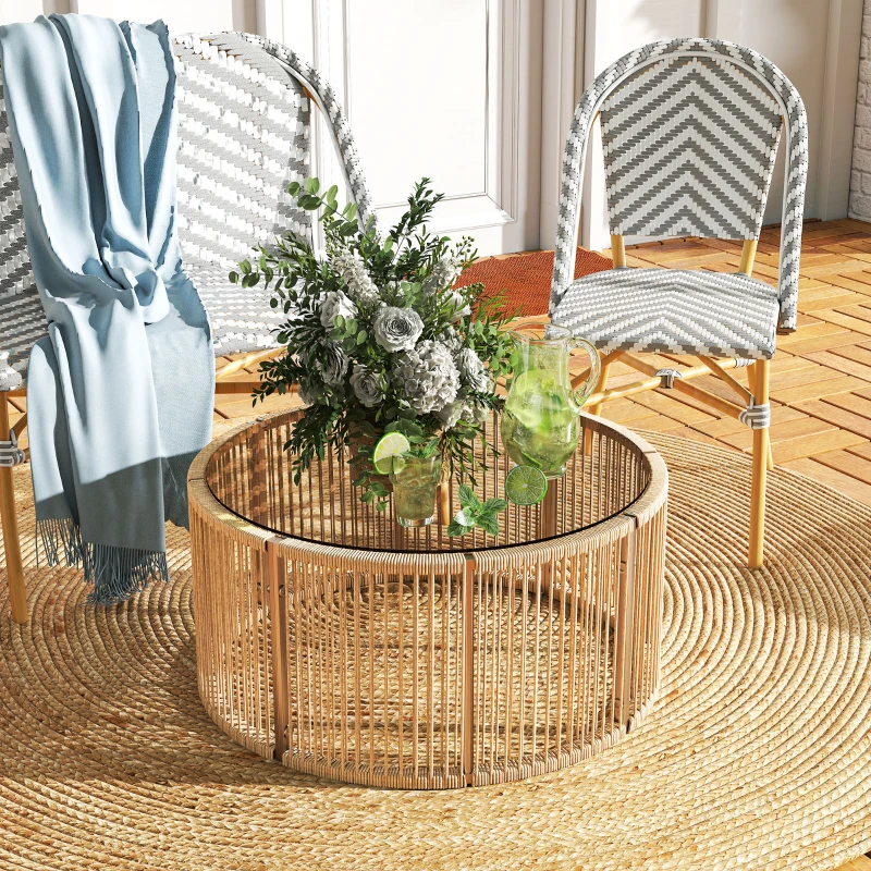 Outsunny Table Basse de Jardin Ronde en Résine Tressée, Plateau en Verre Trempé et Cadre en Acier Galvanisé, 70x70x33cm, Marron
