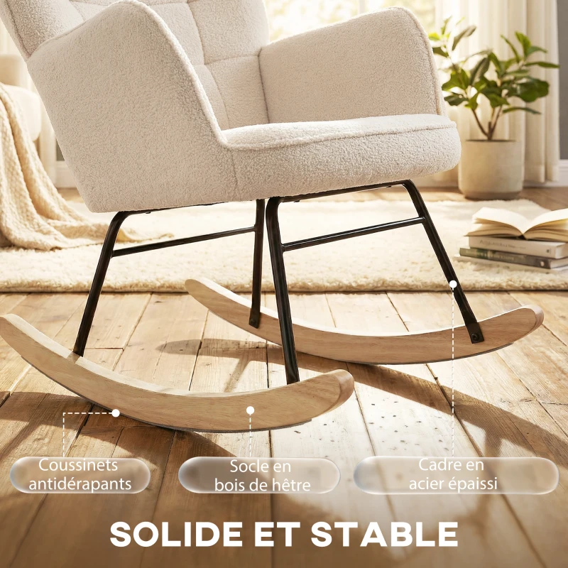 HOMCOM Fauteuil à bascule rocking chair revêtement effet laine bouclée, structure en acier 71 x 98 x 101 cm beige