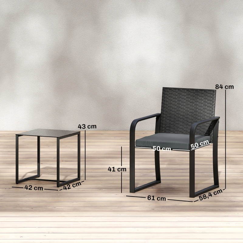 Outsunny Conjunto de Jardim 3 Peças de Vime com 2 Cadeiras com Almofadas Tecido Textilene e Mesa de Vidro Temperado Cinza