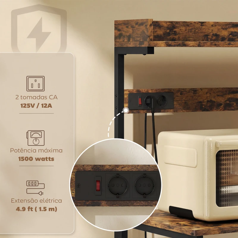 HOMCOM Estante de Cozinha com 2 Tomadas Prateleira para Micro-ondas Prateleira Ajustável Ganchos 60x42x137 cm Castanho Rústico