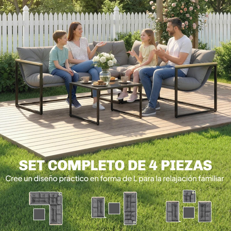 Outsunny Conjunto de Jardín Exterior con Cojines Gruesos 2 Sofás de 2 Plazas Sofá de Esquina y Mesa de Centro de Vidrio Gris