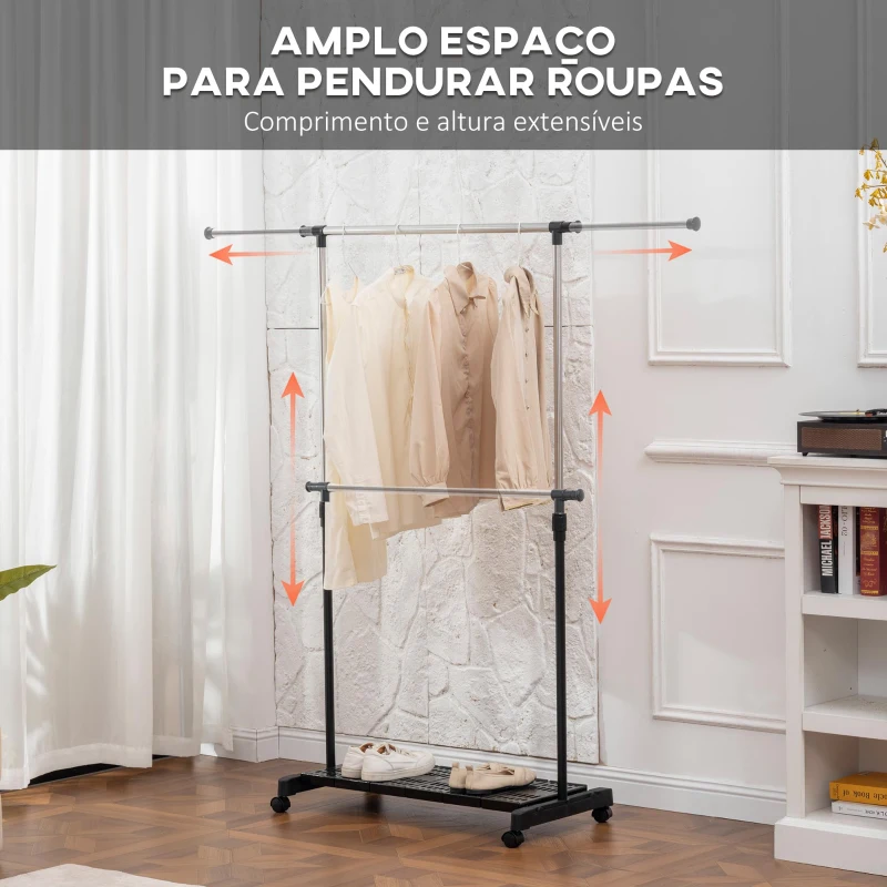 HOMCOM Charriot com Rodas com Barra de Aço Inoxidável e Prateleira para Sapatos Altura Ajustável 94-159x42x93-168 cm Preto