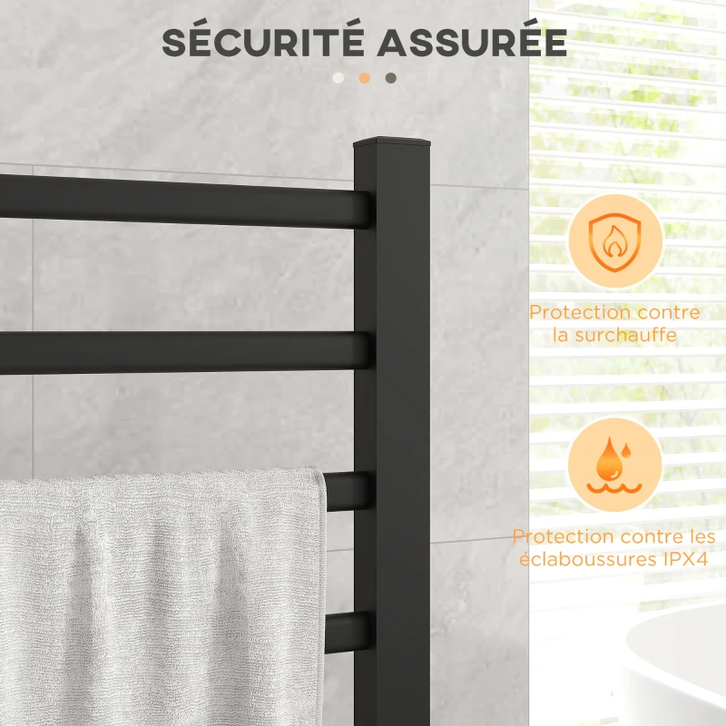 HOMCOM Sèche serviettes électrique, mural ou sur pied, 8 barres, minuterie 2/4 heures, alliage d'aluminium, 53x35x90cm, noir