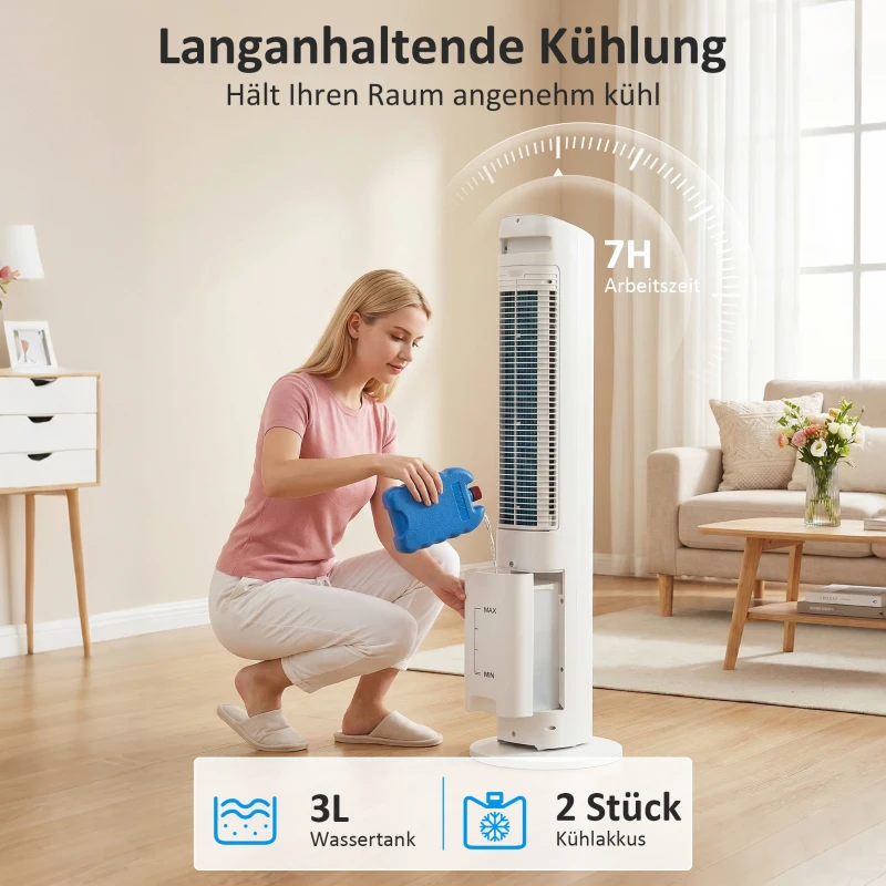 HOMCOM Tragbarer 3-in-1 Turm-Luftkühler mit 3-Liter-Wassertank, 3 Geschwindigkeiten und 3 Modi, Weiß