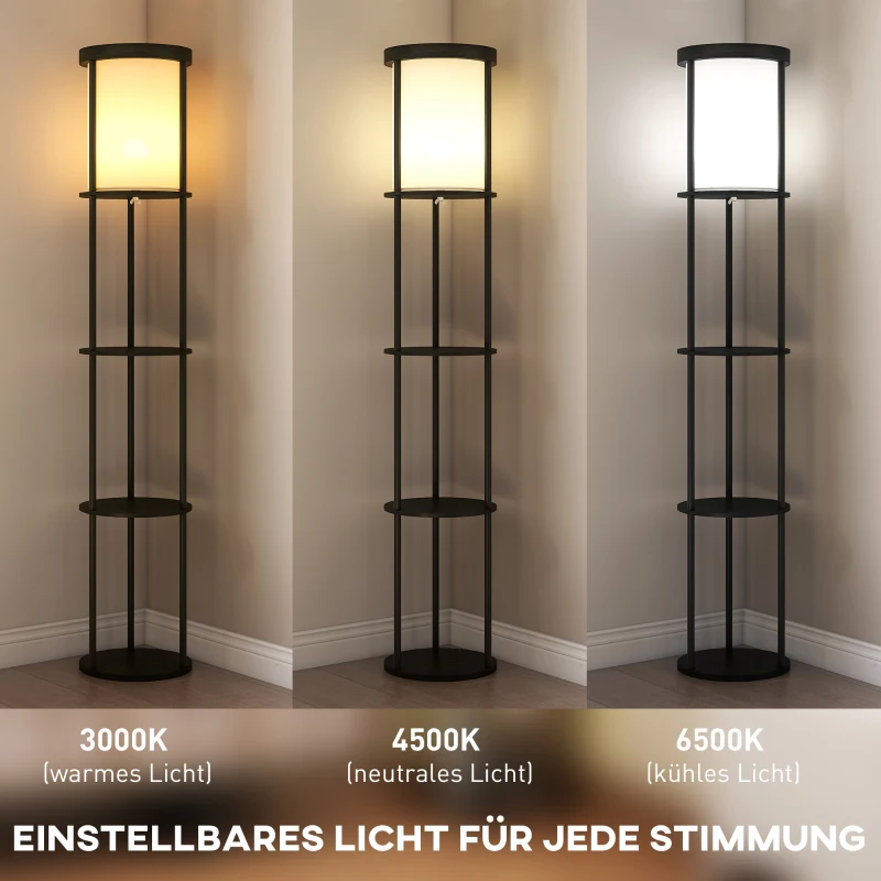 HOMCOM Stehlampe mit 3 Regalen, rundes Design, Fernbedienung, Fußschalter, verstellbare Lichtwärme, für Wohnzimmer, Schwarz
