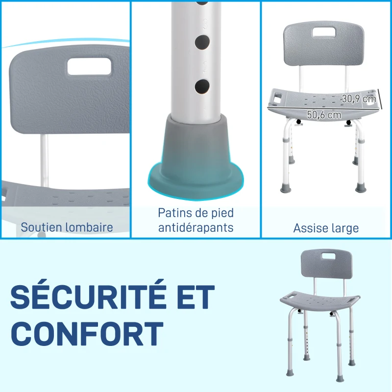 HOMCOM Chaise de Douche siège de Douche Ergonomique Hauteur réglable Pieds antidérapants Charge Max. 136 Kg alu HDPE Gris