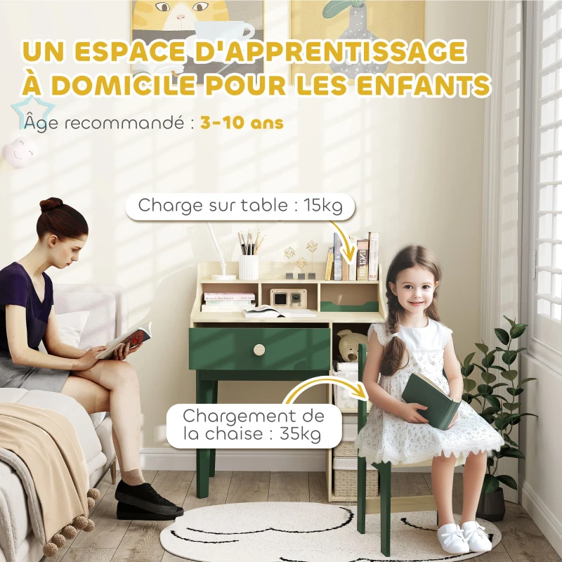 AIYAPLAY Ensemble bureau et chaise pour enfant avec étagères de rangement et tiroir, mobilier pour enfants de 3 à 10 ans, vert