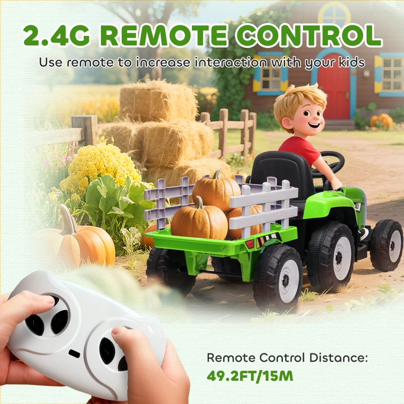 HOMCOM Ride On Tractor, Battery Powered Electric Car, with Detachable Trailer, Remote Control, Music - Green