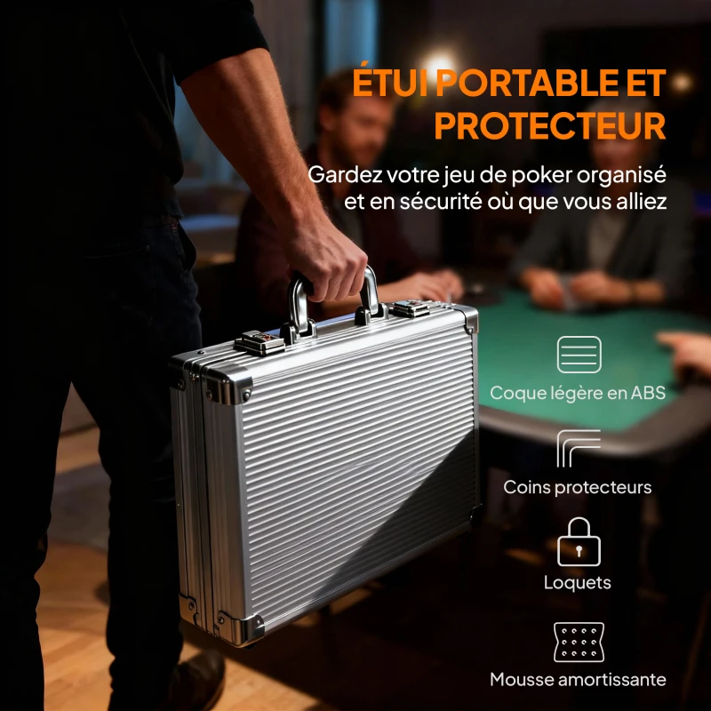 SPORTNOW Mallette de poker coffret de poker complet 400 jetons, boîtier en ABS, cartes à jouer, dés, dealer, tapis, clés