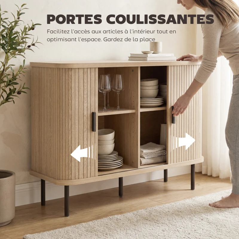 HOMCOM Buffet salon, meuble de rangement avec 2 portes coulissantes en tambour à lattes et 4 compartiments, chêne