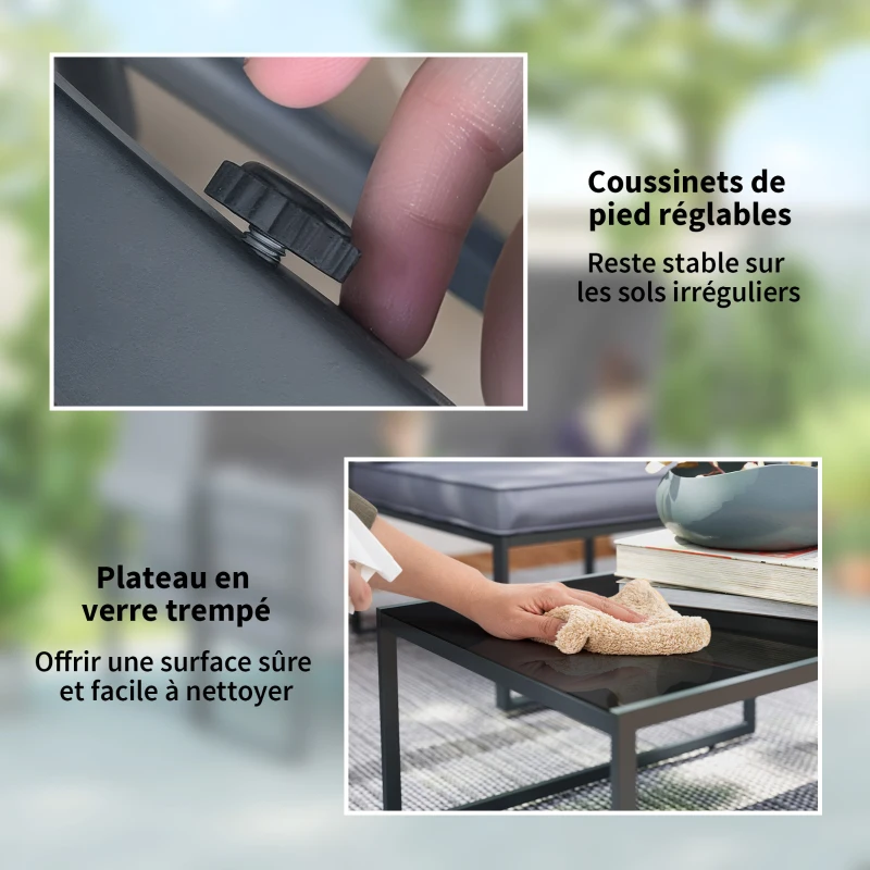 Outsunny Salon de jardin extérieur 4 pièces modulaire avec canapé, fauteuil et table basse en verre trempé, coussins inclus, gris