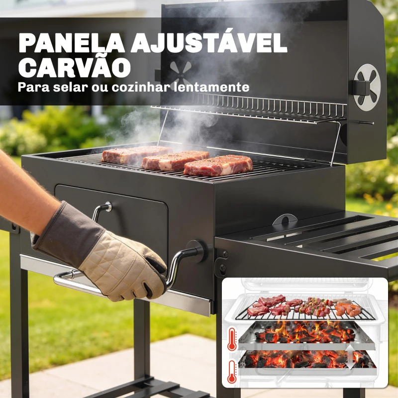 Outsunny Barbecue a Carvão com Bandeja Ajustável, Prateleiras Dobráveis, Rodas, Termómetro, Tampa, Chaminé, Ventilação e Cesto