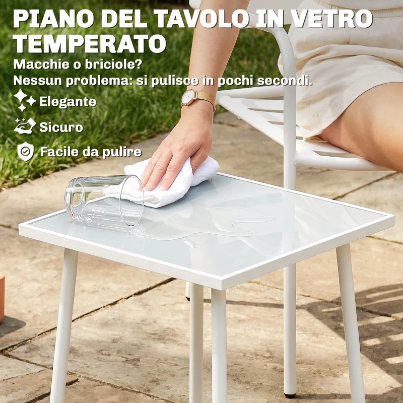 Outsunny Set Bistrò 3 pezzi: tavolino in vetro e 2 sedie, arredo esterno bianco.
