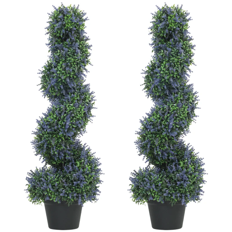 HOMCOM Artificial Lavender Topiary Tree Set of 2, UV Resistant Fake Plants in Pot for Indoor Outdoor Decor, 90 cm, Purple